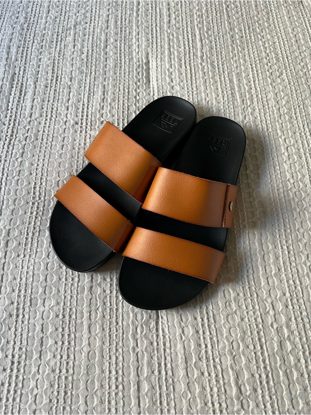 Woman’s Reef Two-Stripe Leather Slide Sandals - Brown/Black